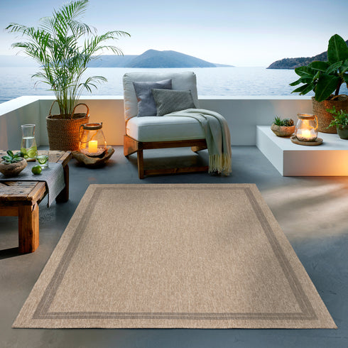 Outdoor Teppich Wetterfest in Sisal Jute Optik | Für Drinnen und Draußen | Terrasse Balkon Garten Wohnzimmer Badezimmer Küche | Bordüre A